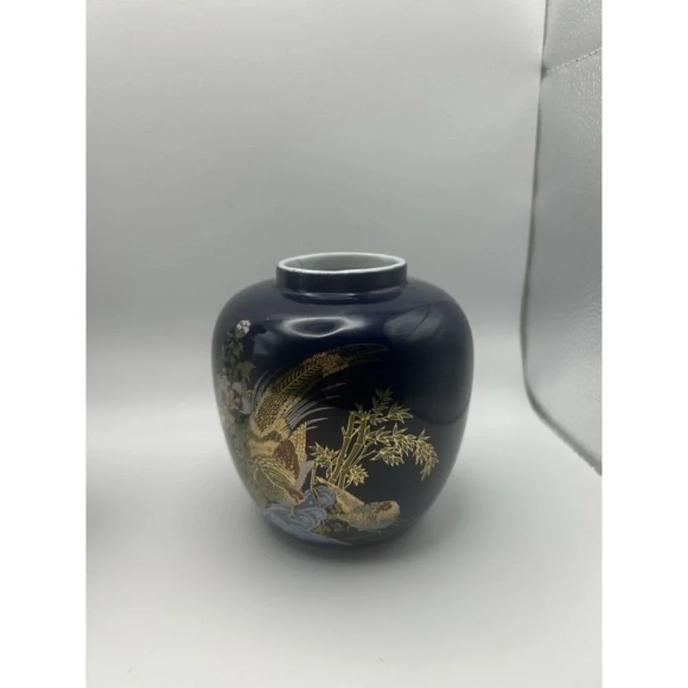 2-PC Asian Style Cobalt Blue‎ Cloisonné Golden Floral Flower Vases